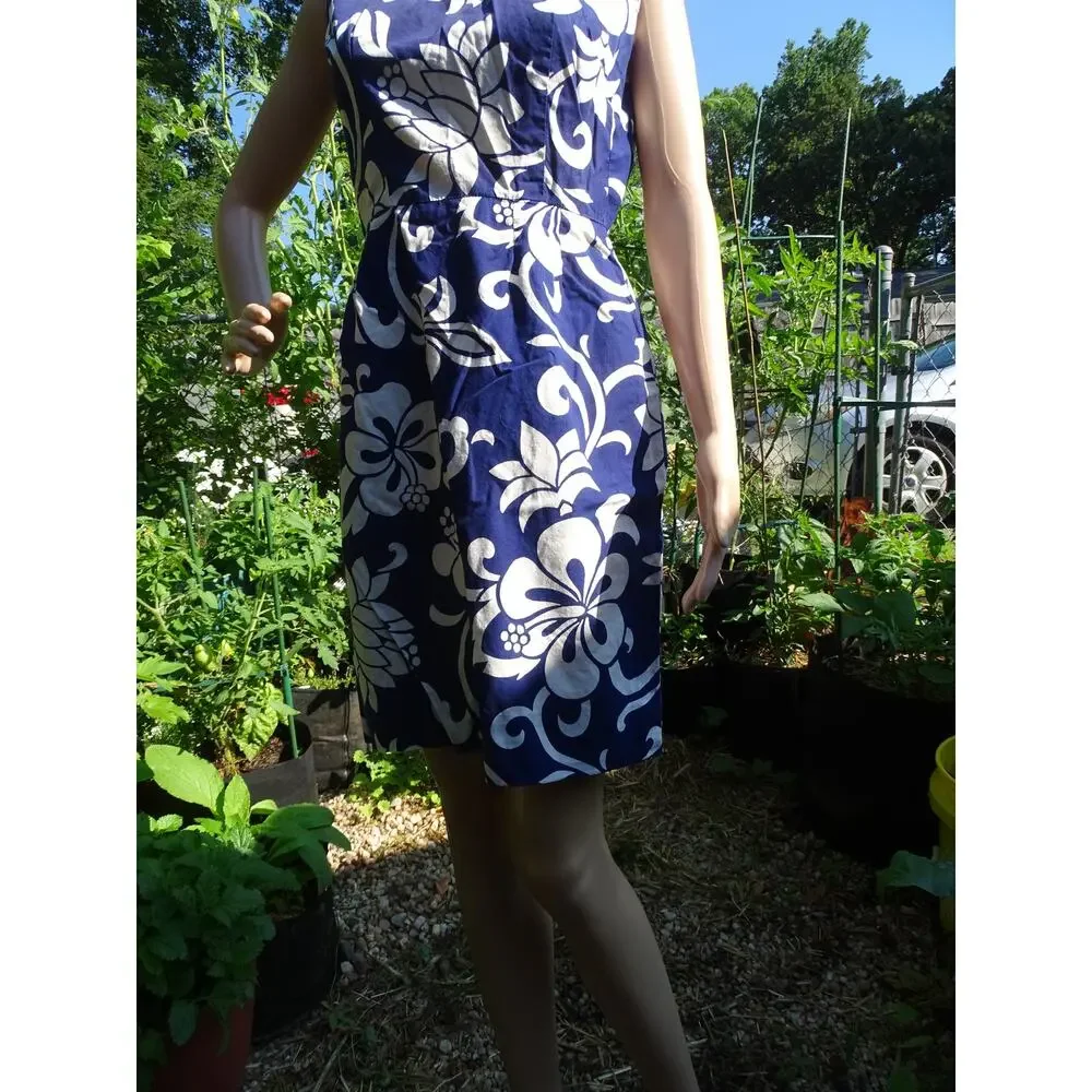 Vintage 1960s Blue Hibiscus Hawaiian Shift Dress Sleeveless Cotton Small